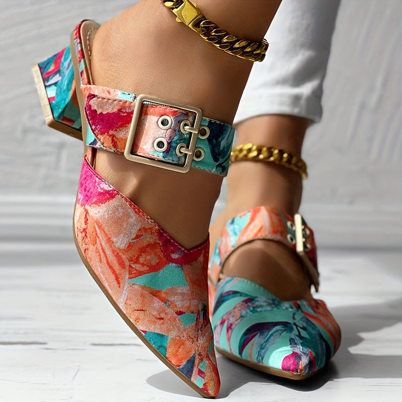 Chic Guangdong-Inspired Women's Sandals with Unique Print, Slip-On Pointed Toe Mid-Heel Shoes - Faux Cover & PVC Sole